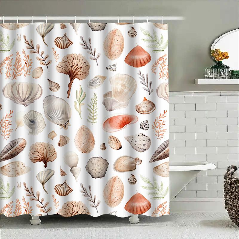 Seashell Print Shower Curtain Waterproof Bathroom Decor Wall Hanging With Various Colors Shell Pattern White
