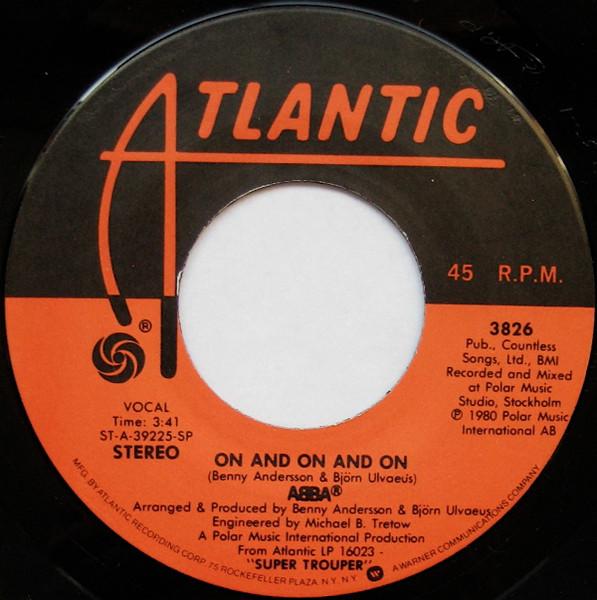 

7-дюймовая пластинка ABBA On And On And On 3826 Atlantic 1980 США Танцевальная Электроника Б/у