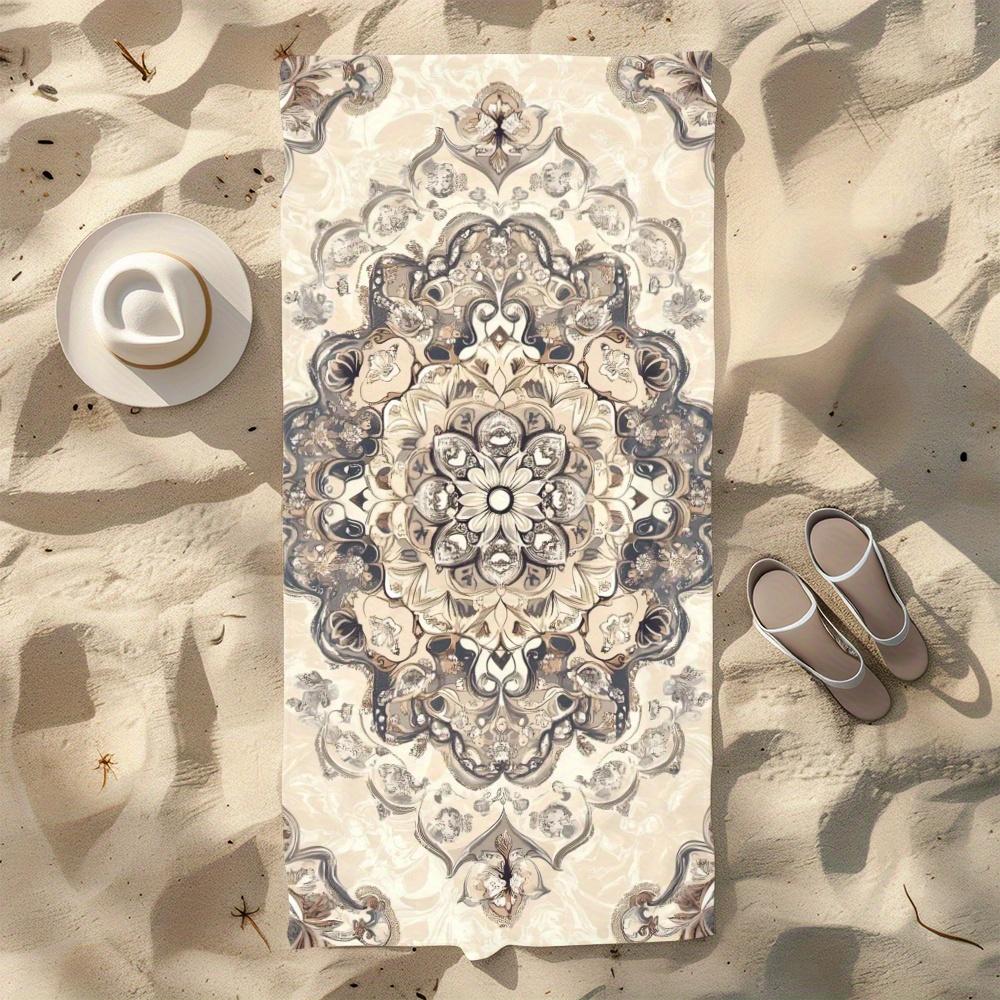 Beiges, reich verziertes Mandala-Print, schnell trocknendes Mikrofaser-Strandtuch, elegantes Boho-Blumen-Übergrößen-Handtuch für den Sommer, zum Schwimmen und für den Pool