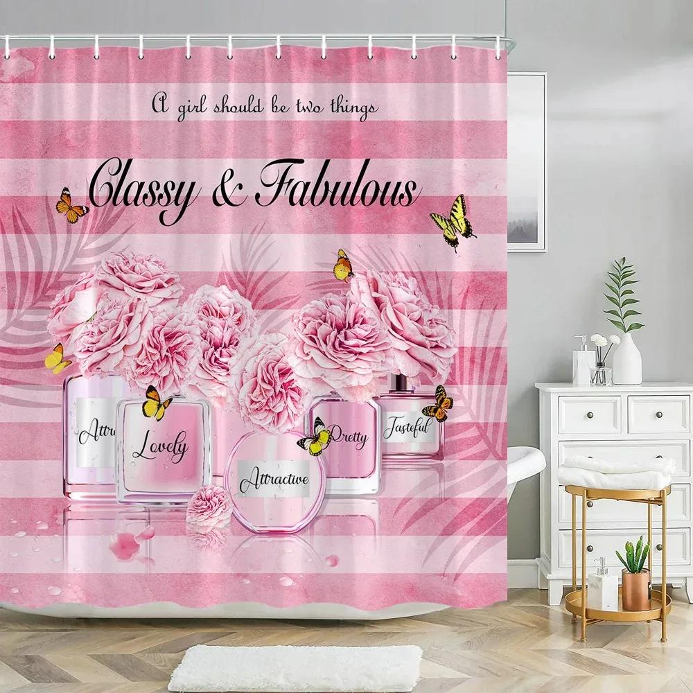 Pink Perfume High Heel Shower Curtain Set Black White Stripes Fashion Girl Woman Bathroom Decor Polyester Bathtub Curtains Hooks
