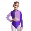 Mädchen Turnanzug Langarm Schlüsselloch Rücken Farbblock Patchwork Funkelnde Strasssteine Body für Tanzwettbewerb