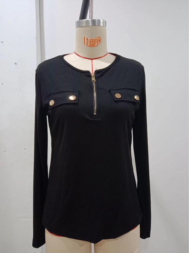 2025 Women's Ribbed Knit Slim-Fit V-Neck Long Sleeve Pullover with Metal Zipper