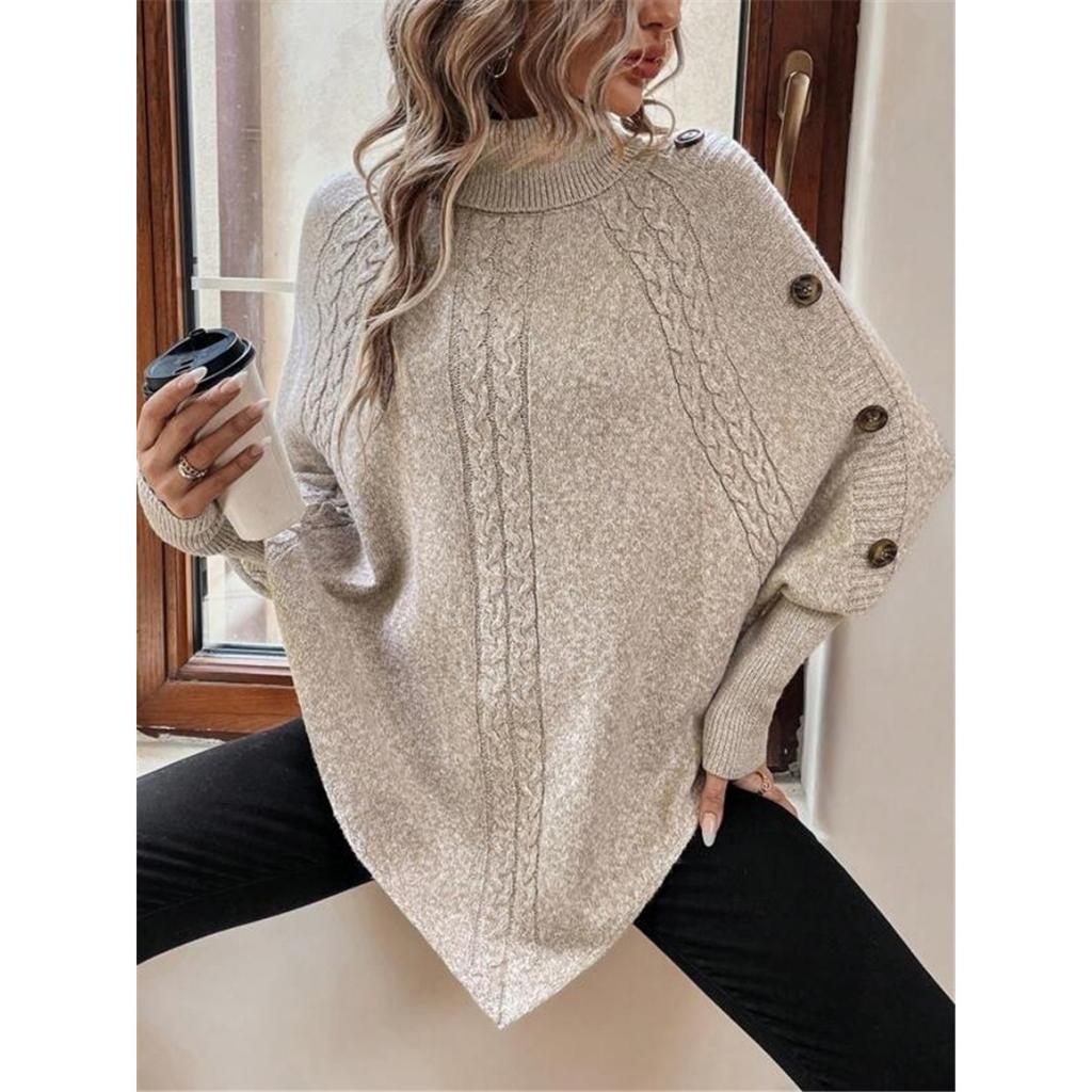 Women's Winter High Collar Asymmetric Hem Cape Sweater, Button Decoration Bat Sleeve Fried Dough Twists Weave Texture