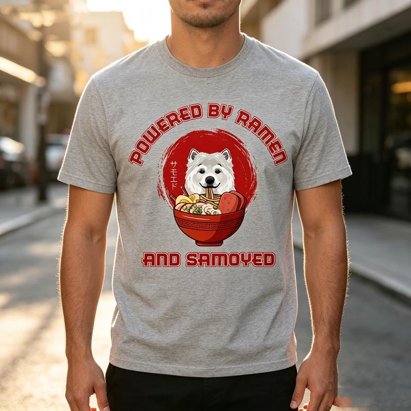 Samoyed RaUnisex Graphic T Shirt Cute Dog Eating Noodle Print Unisex Soft Cotton Crew Neck Short Sleeve Casual Top For Pet Lovers