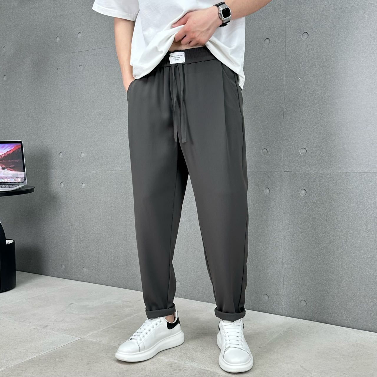 

Summer Men s Slipping Straight Leg Suit Pants Solid Color Breathable Business Casual Ice Silk Drape Trousers M серый