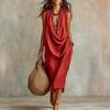 Dames mouwloze rode gelaagde maxi jurk effen kleur casual lange jurk