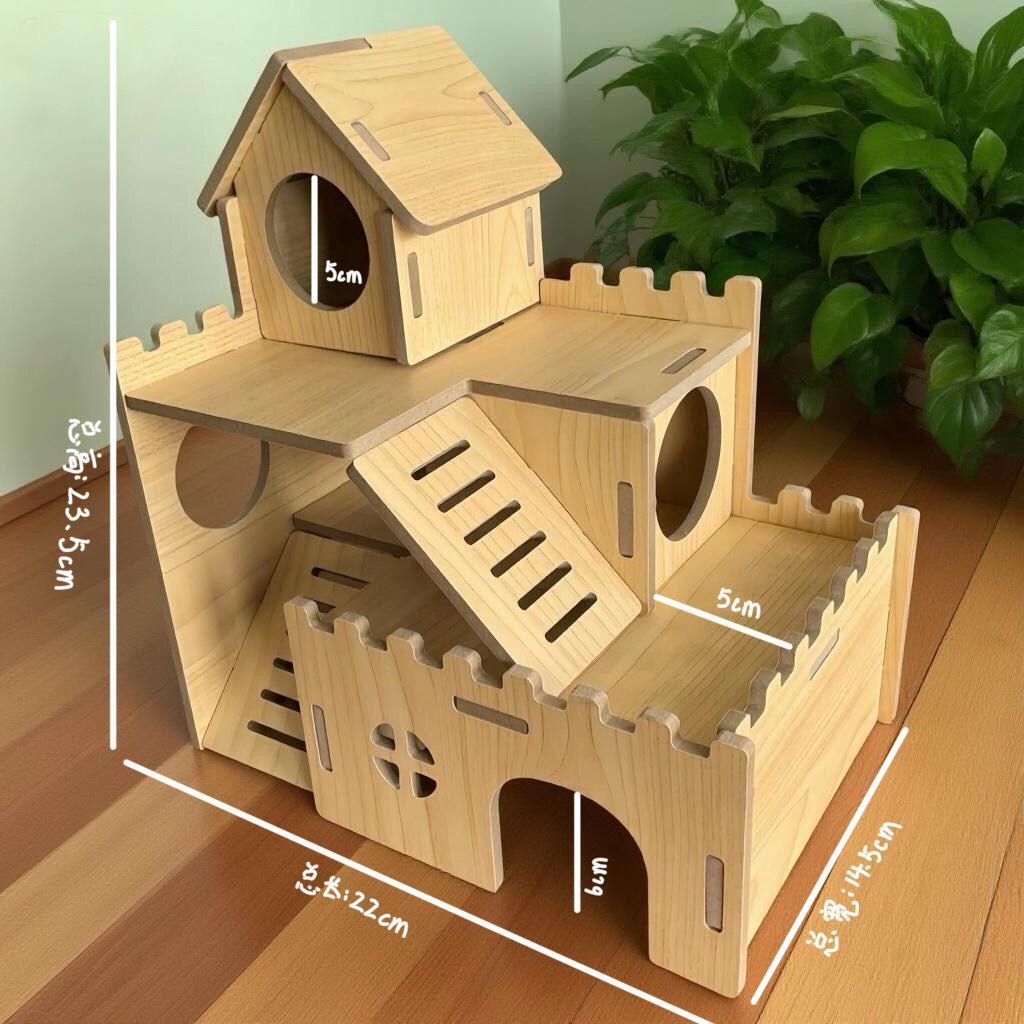 Golden Silk Hamster Villa: Interactive Wooden House with Platform, Climbing Ladder, and Hiding Spots - Complete Set for Landscaping.