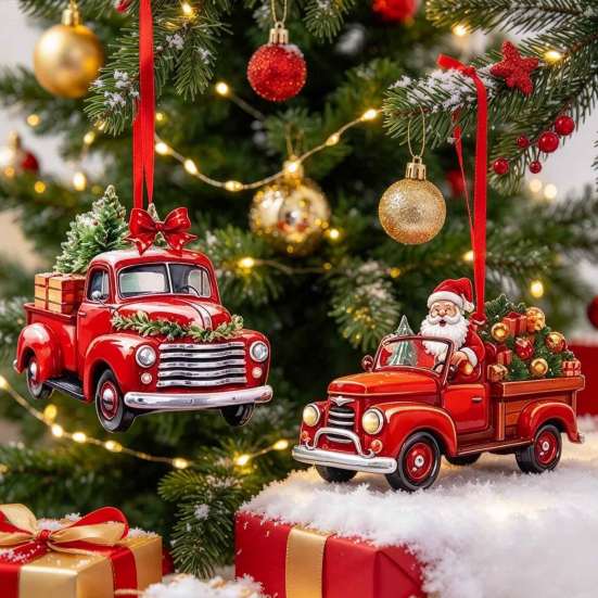 Holiday Gift Tags 12/24/36Pcs Christmas Wooden Ornaments, Santa Claus Red Truck Hanging Decorations with Rope, Reusable Seasonal Decor Xmas