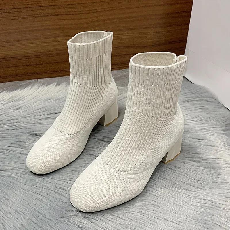 

Fashion 2024 Knitted Ankle Boots for Women Autumn Round-toe Thick Sole Slip on Casual Shoes Woman Light Non Slip Platform Botas Mujer 34