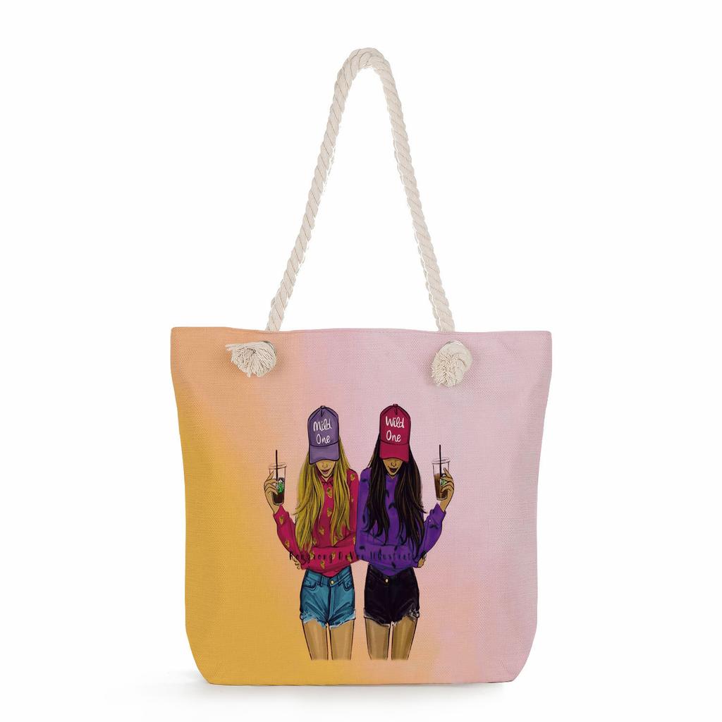 Sisters Print Thick Rope Single-shoulder Beach Bag 7275 CLE