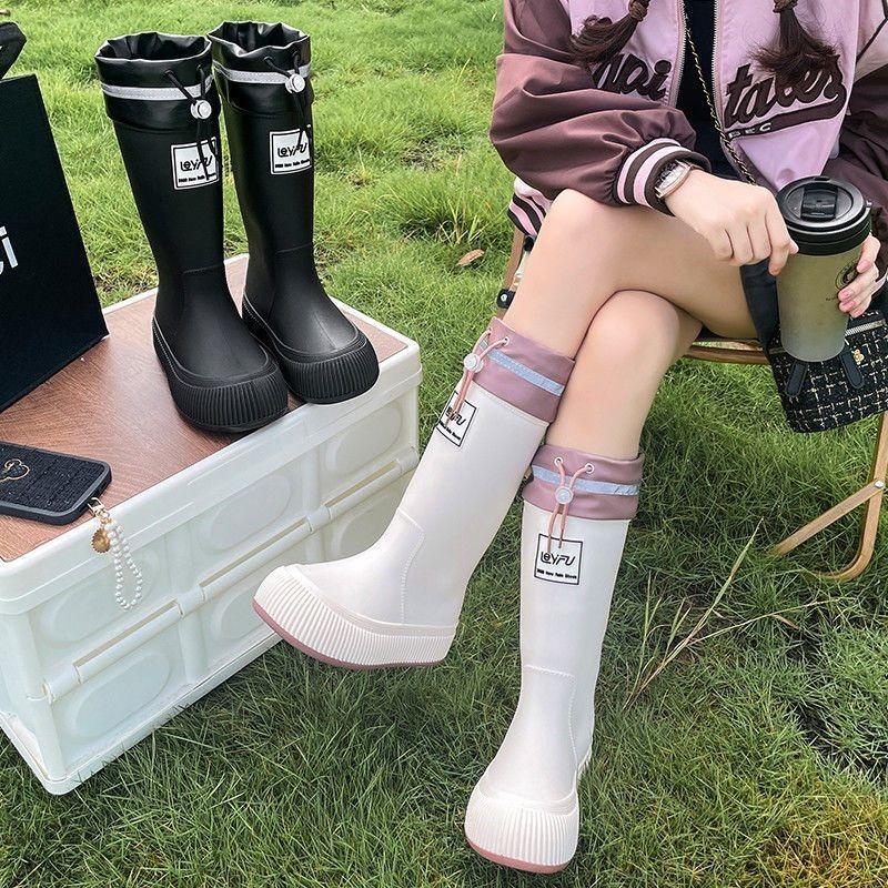 New rain shoes women's high tube waterproof and non-slip water shoes velvet long rain boots wear-resistant fashionable adult rubber shoes