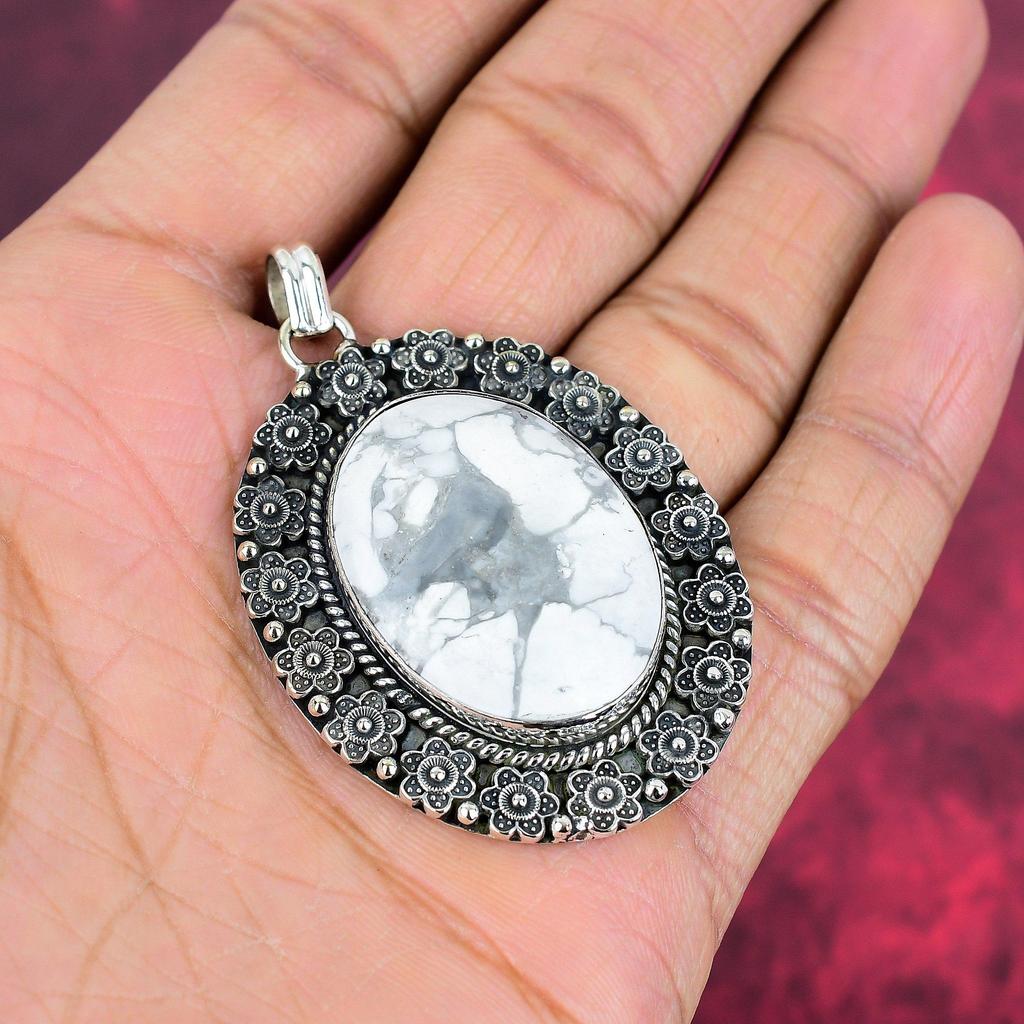 Pingente Howlite, Joia de Pedra Preciosa de Prata Esterlina Sólida 925, Pingente Feito à Mão, Para Presente de Ação de Graças