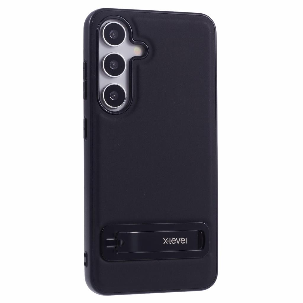 X-LEVEL For Samsung Galaxy S25 Phone Case Leather Coated PC TPU Back Cover with Metal Kickstand
