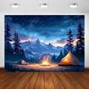 2d Flat Starry Night Camping Backdrop 2d Flat Printing Tapestry With Mountains And Tent For Outdoor Adventure Theme
