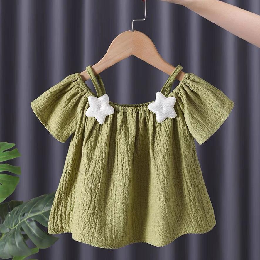 Summer Kids Cute Printing T-shirts Girls Off Shoulder Sling Loose Short Sleeve Star T-Shirt Baby Shirt Solid Color Top