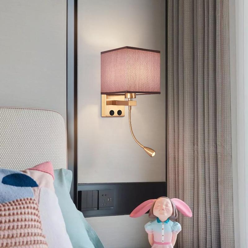 LED Wall Lamp with USB Port Charging Spotlight Fabric Wall Sconce Lighting for Hotel Bedroom Bedside Reading Decor E27