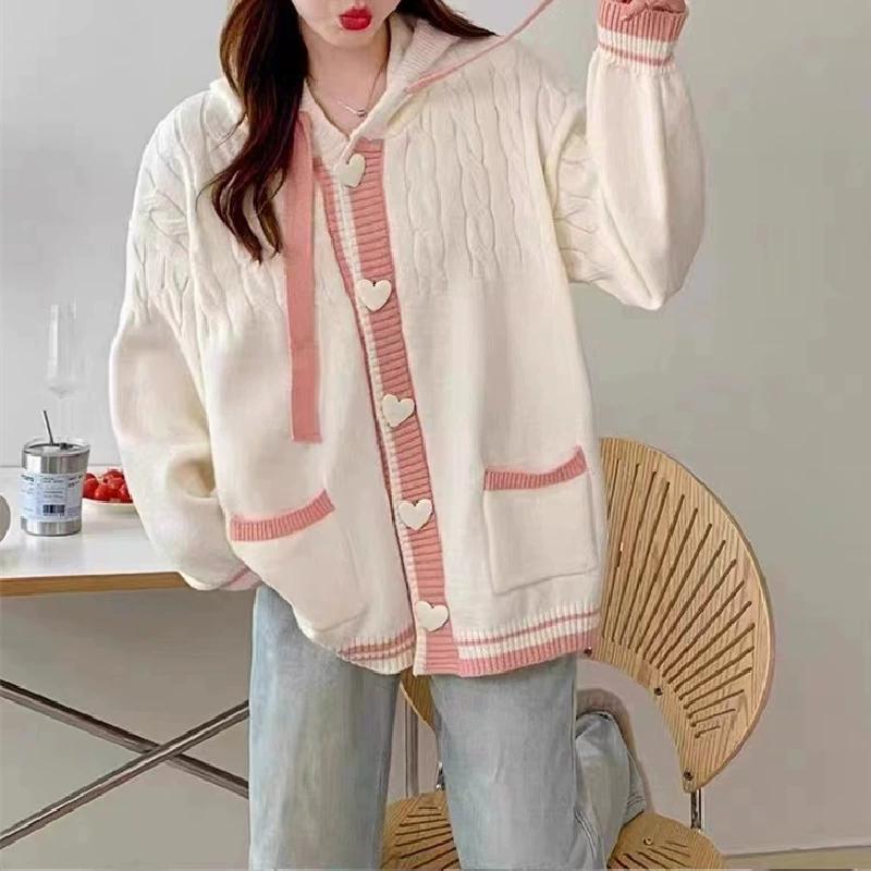 College Style Loose Fitting Hooded Junior High School Cardigan for Spring and Autumn Fashion, Student Knitted Jacket for Women, Cardigan for Women