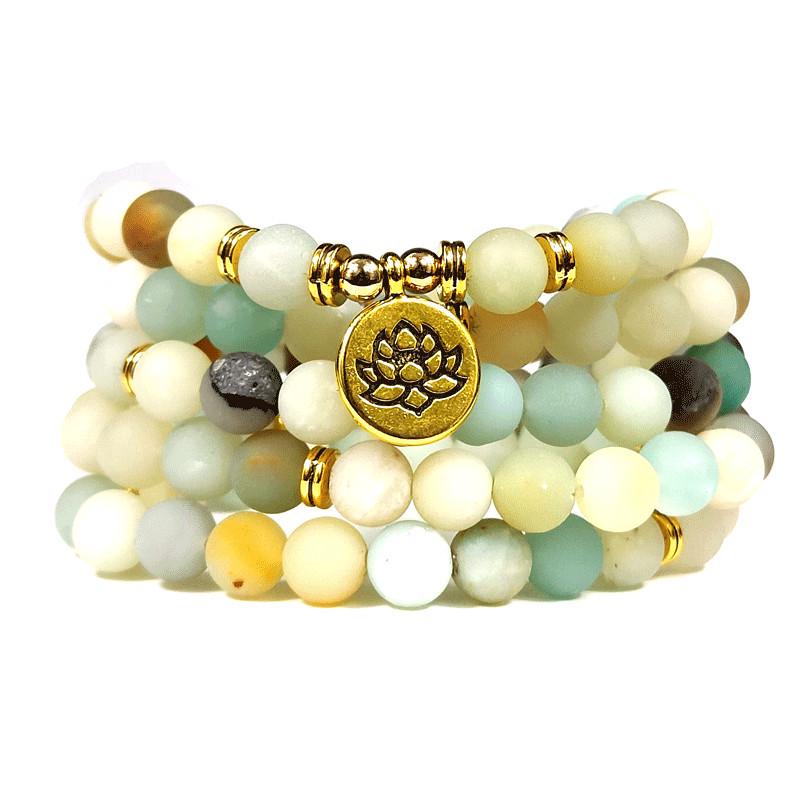 Koni Matte Amazonite 108-Bead Yoga Bracelet Necklace with Lotus Pendant