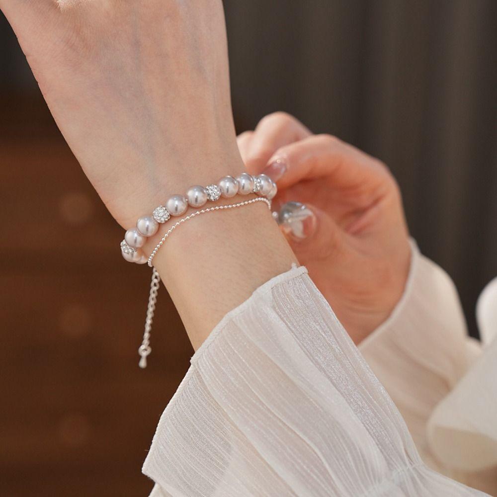 Charm Beaded Hand Bangle Elegant Double Layer Bracelet Sweet Pearl Crystal Bracelet  Gift