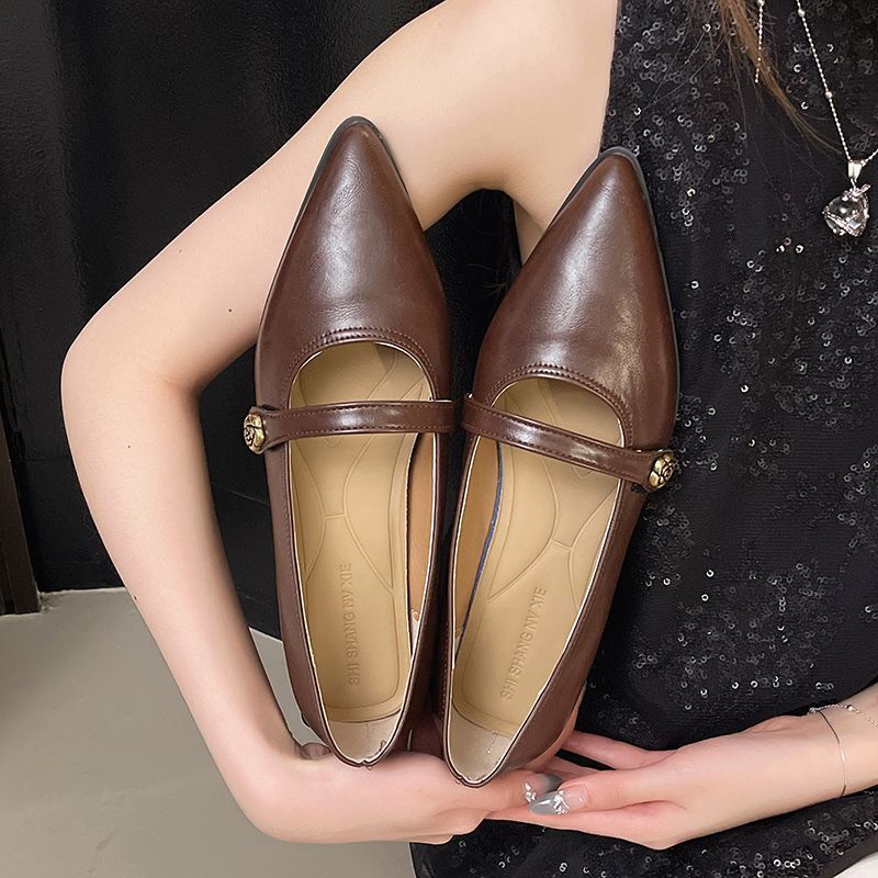 Camellia versatile pointed tip shallow mouth temperament high heels French black thick heel Mary Jane shoes spring and summer new