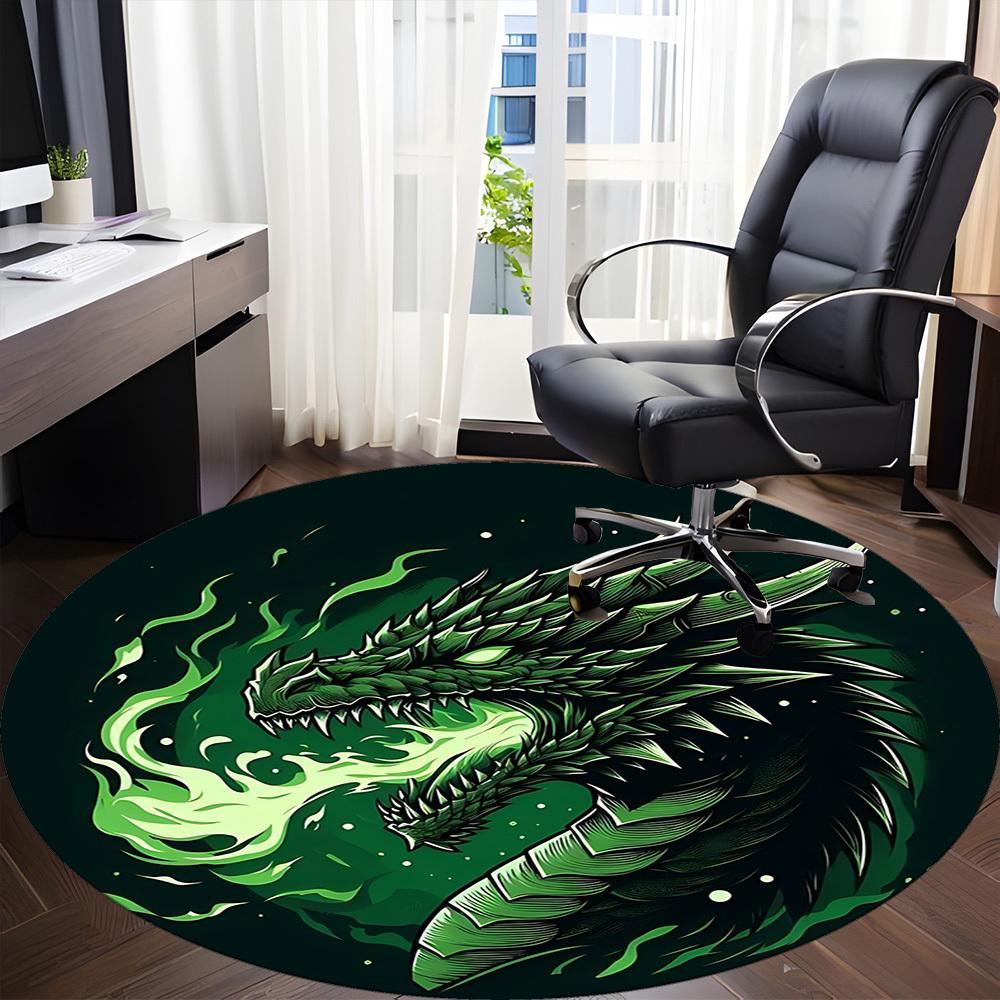 1pc Green Dragon Illustration Carpet, Round Non Slip Durable Large Size Office Carpet, Suitable for Office