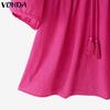 VONDA Women Summer Bow Kont Round Neck Lace Crochet Patchwork Casual Ruffled Blouse