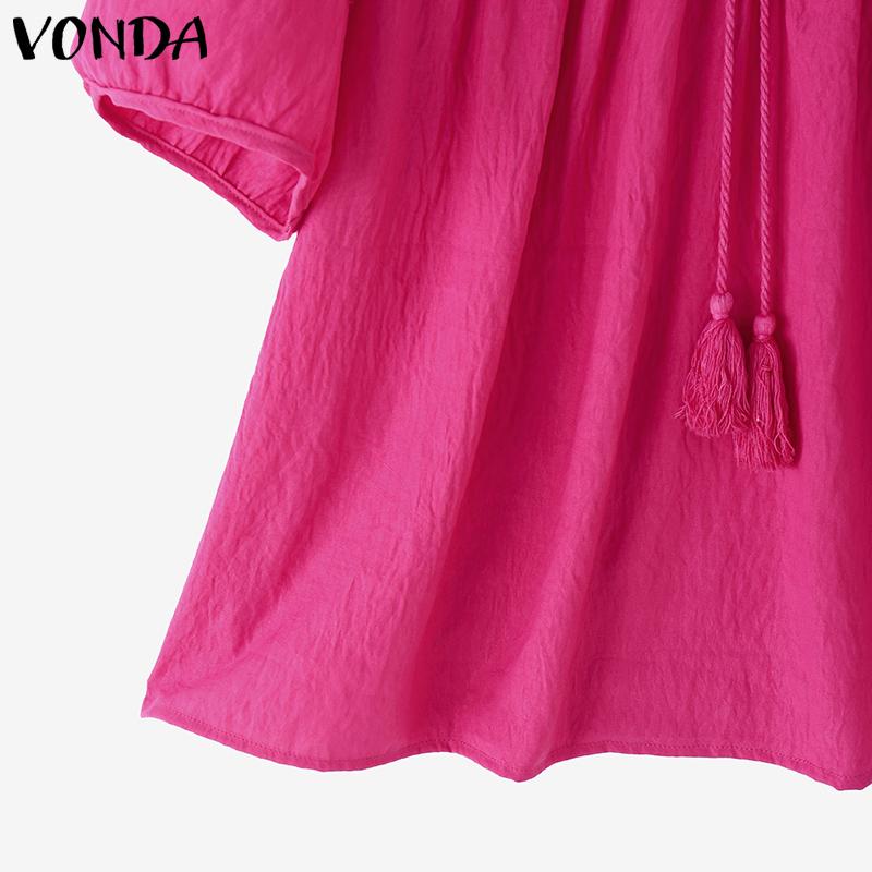 VONDA Women Summer Bow Kont Round Neck Lace Crochet Patchwork Casual Ruffled Blouse