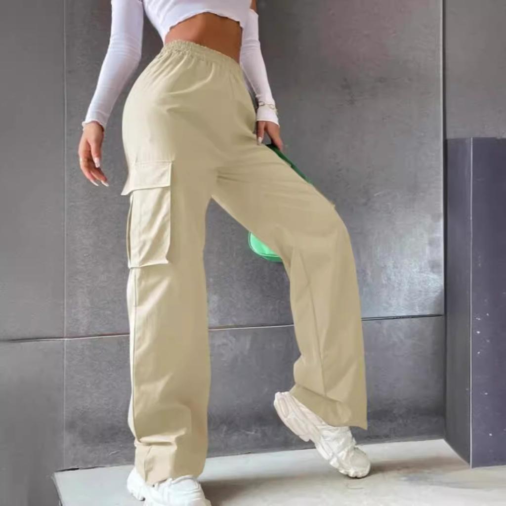 Large Pocket Casual Work Pants for Women Street High Waist Straight Wide-leg Casual Pants