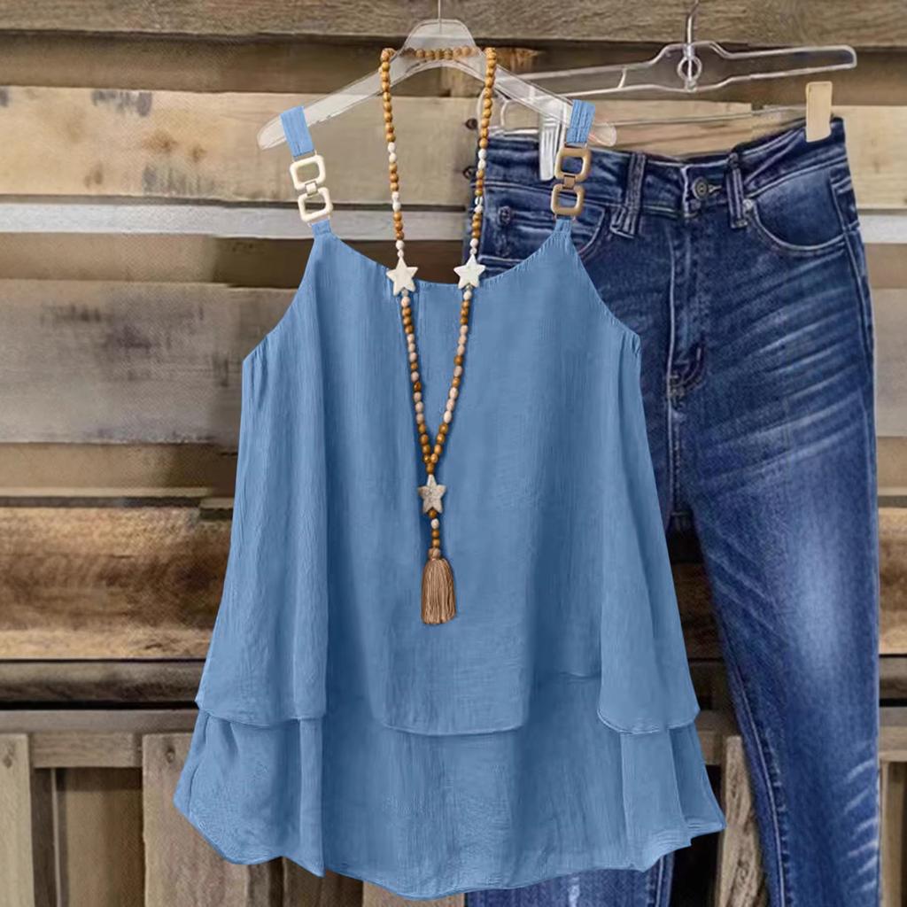 Spring and summer new crew neck women's clothing casual loose fashion elegant commuter vacation solid color double suspender top