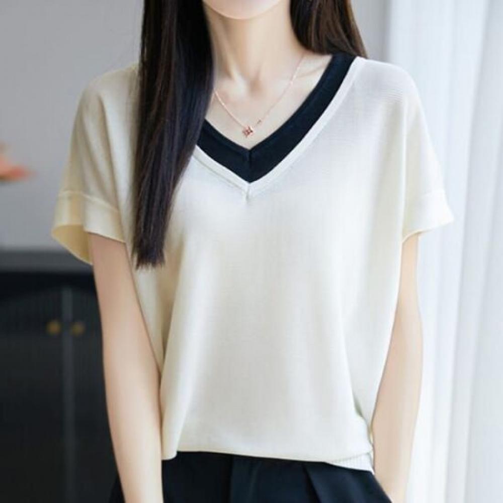NaVaVa Thin Cool Colorblock V Neck Short sleeVe Knit Nk3055