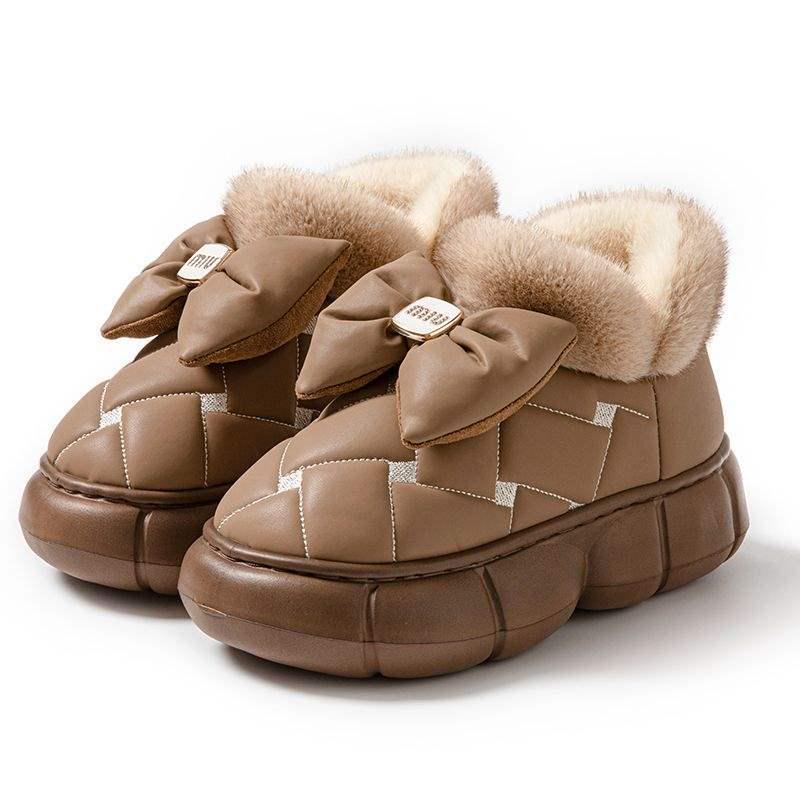 Women's Thick-Soled Waterproof Cotton Slippers - Men's Fashion, Warm Bow Style, Non-Slip for Outdoor Winter Wear.