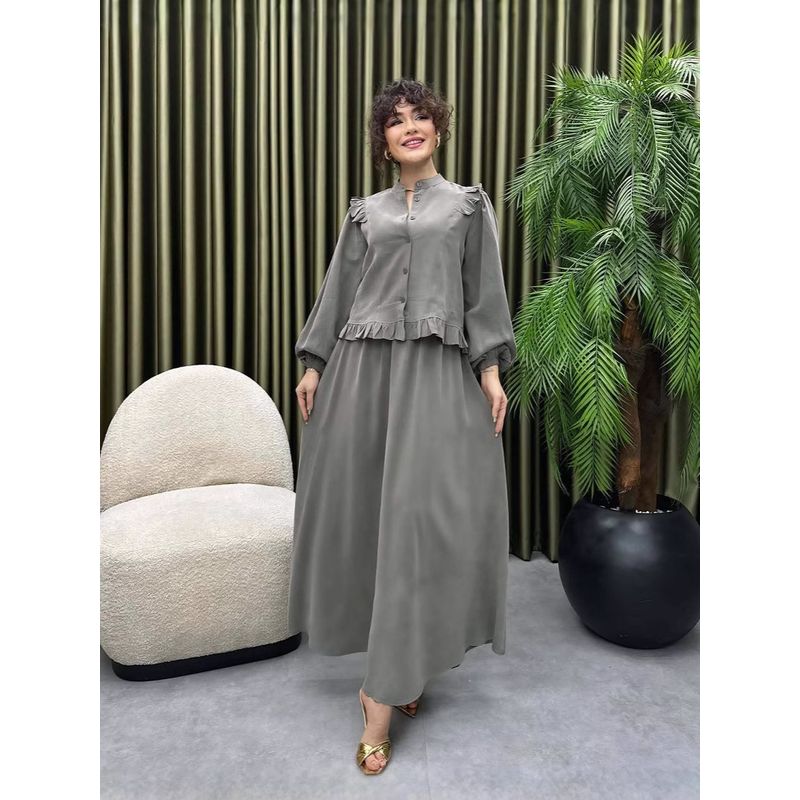 Western Style New Fashion Casual Stand Collar Long Sleeve Shirts Skirt Sets Shirt and Skirt Set