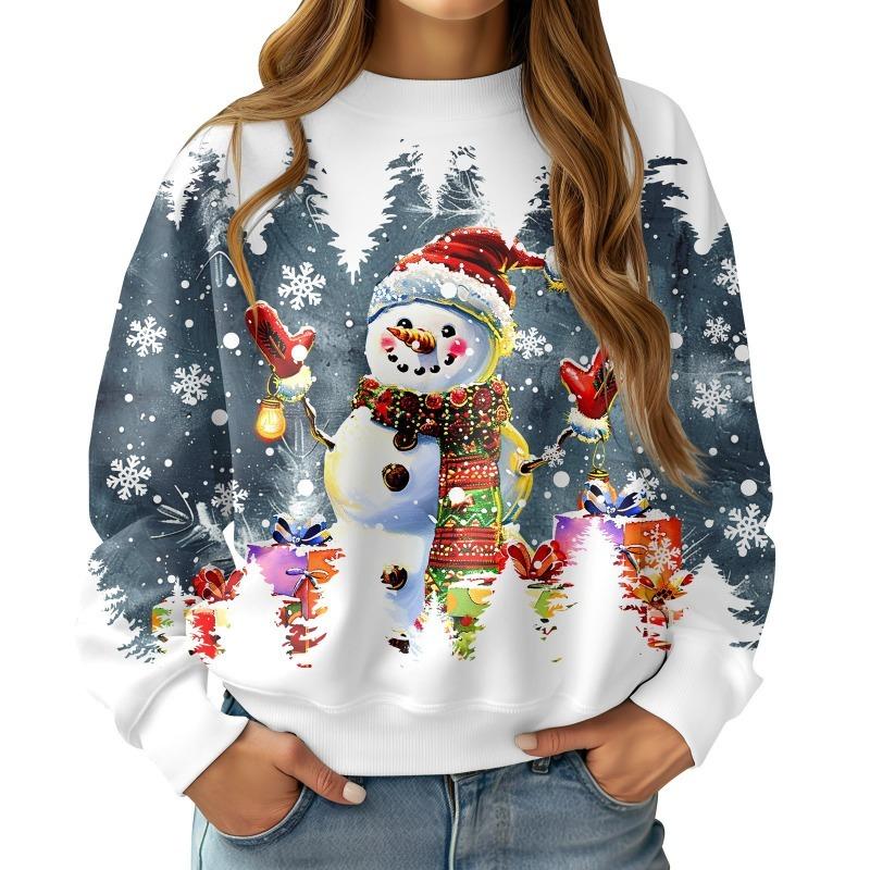 Christmas Round Neck Long Sleeved Pullover Comfortable Warm Loose 3D Printed Cute Santa Claus Snowflake Pullover