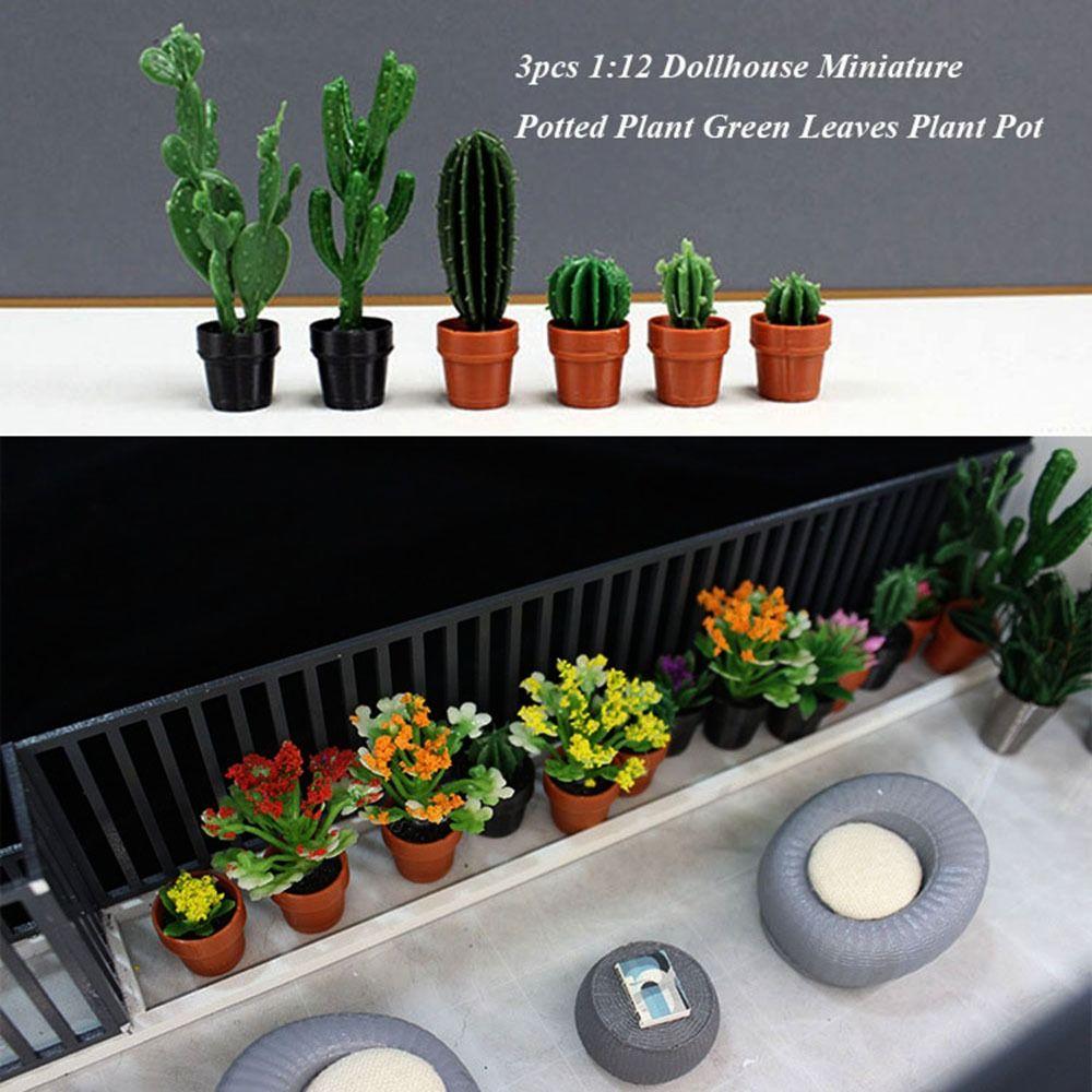 3pcs Mini Green Leaves Plant Pot 1:12 Play House Decor  Doll House Accessories
