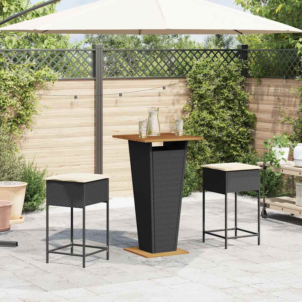 3 Piece Garden Bar Set with Cushions Black Poly Rattan