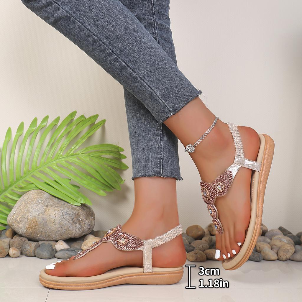 Sandálias Romanas Femininas com Contas Sapato com Tira para o Dedo do Pé Plano Sola Macia Calçado para Férias de Verão Caminhada na Praia Caminhada Casual e Viagem pela Cidade