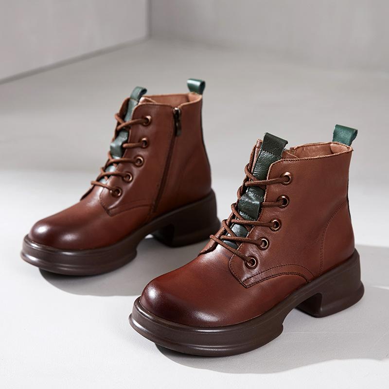 The First Layer of Cowhide Short Boots for Women In the Autumn and Winter of 2025, the New Velvet Thick-soled Casual Leather British Martin Boots F