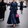 Spot Women'S Long Sleeve Lining Collar Solid Color Long Dress Dress Lace Up Windbreaker Skirt