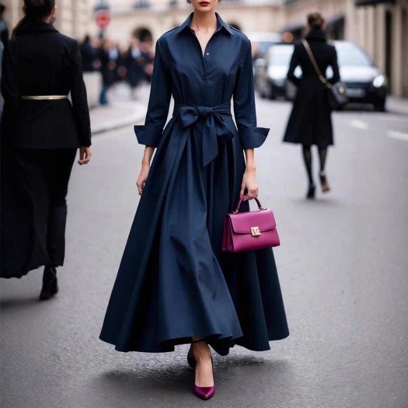 Spot Women'S Long Sleeve Lining Collar Solid Color Long Dress Dress Lace Up Windbreaker Skirt