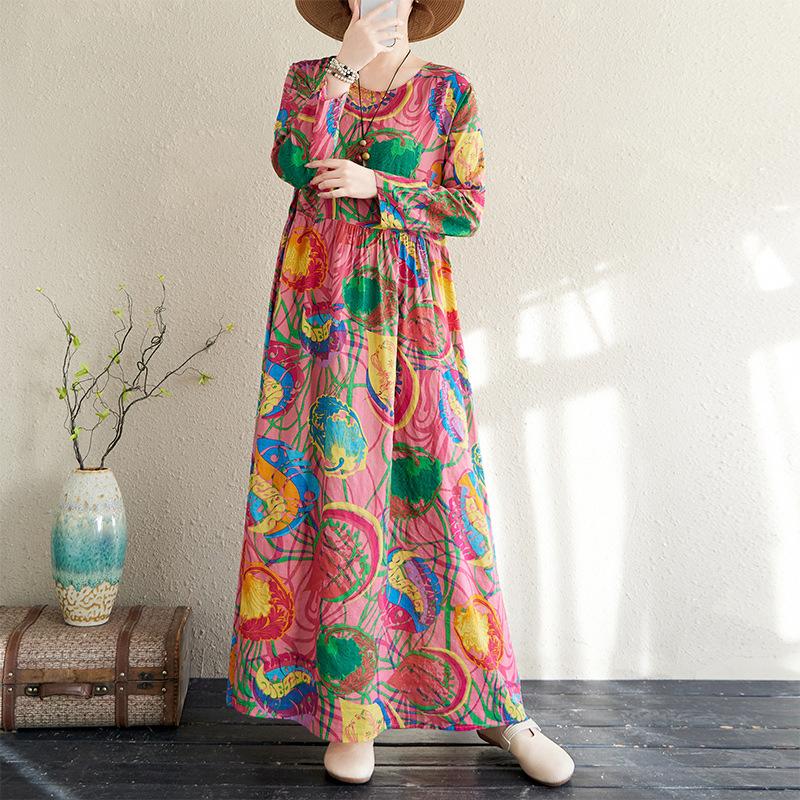 Rochie de vară cu mâneci lungi, stil floral de vacanță, stil de călătorie, guler rotund, casual, retro, cu acoperire de carne, pentru femei