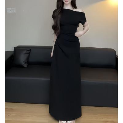 Temperament Slim Slim Hip Skirt One-word Shoulder Niche Design Short-sleeved Slanted Shoulder Split Dress
