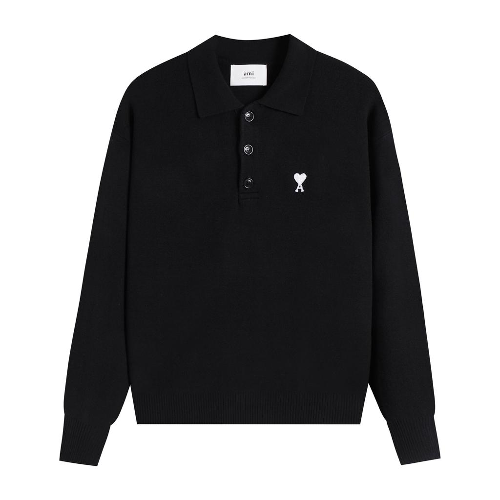 AMI New Polo Collar Knitted Sweater Jacquard Couple Wool Sweater Classic Small White Heart Embroidery