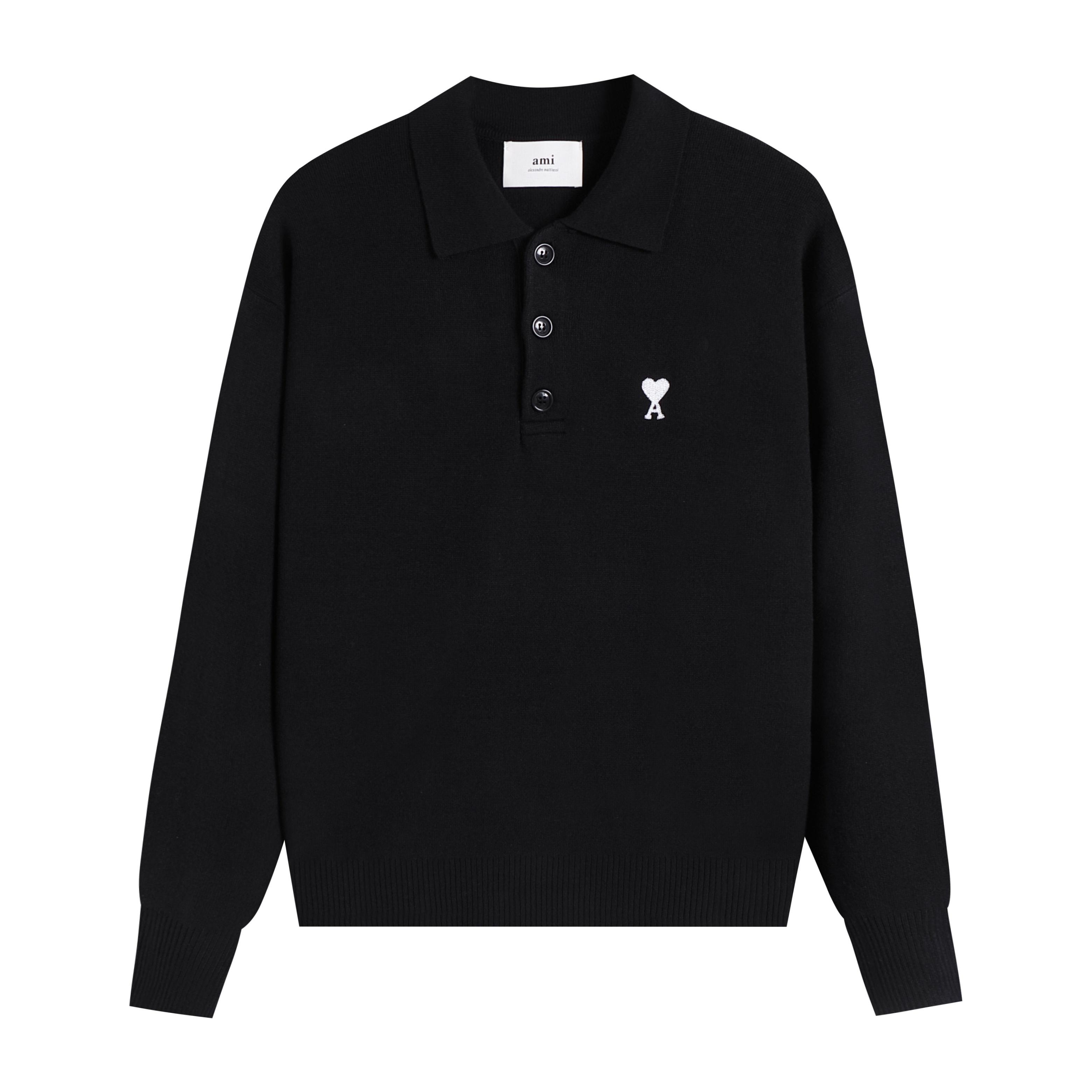 

AMI New Polo Collar Knitted Sweater Jacquard Couple Wool Sweater Classic Small White Heart Embroidery S