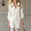 Women's Fashion Spring Autumn Solid Color Print Long Sleeve POLO Neck Loose Waistline Casual Dresses