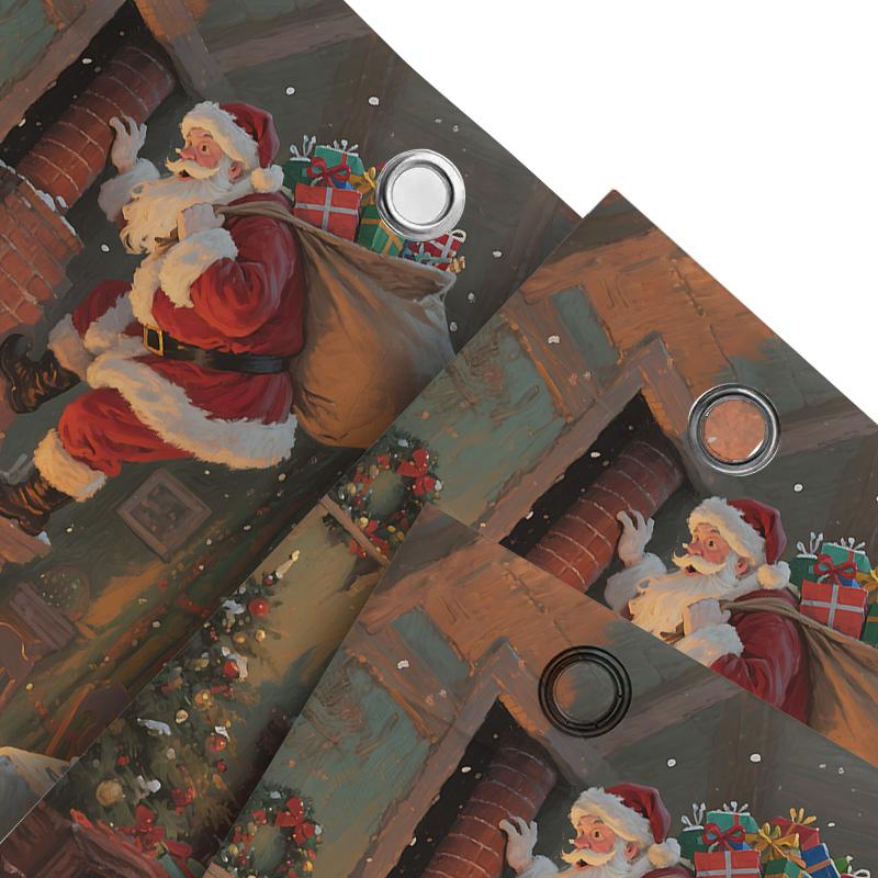 Santa Claus Climbing Chimney with Gifts Christmas Shower Curtain Festive Decor for Bathroom Christmas Party Home Accent