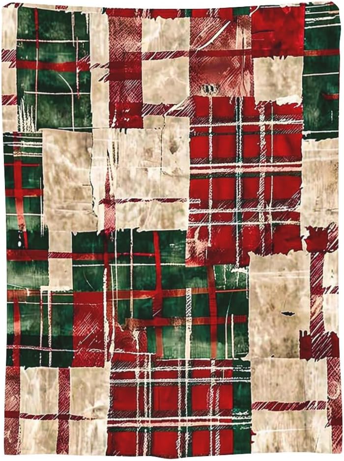 Weihnachts-Karo-Muster Flanell-Decke im Vintage-Stil, Weiche Anti-Pilling-Fleece-Decke für Couch, Sofa, Bett, Leicht