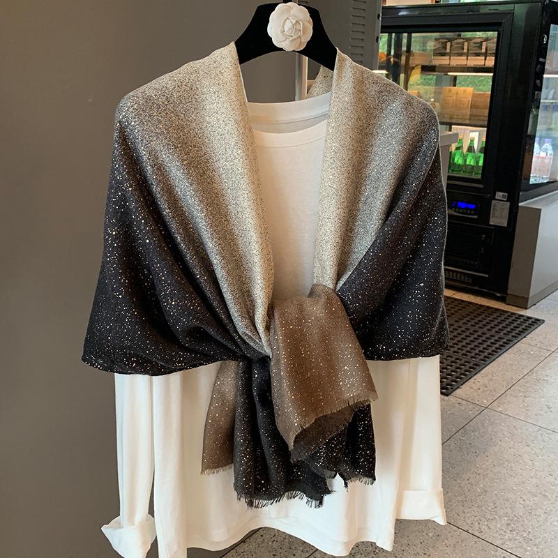 Silk Scarf Women's Summer Korean Version Versatile Thin Gauze Cotton and Linen Scarf Blue Feather Fringed Beach Towel Sun Protection Shawl