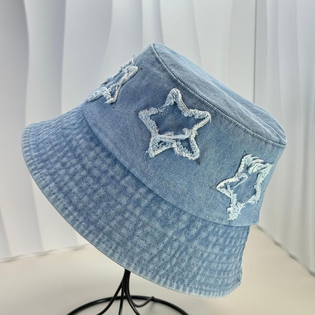 New pentagram patch gradual change denim bucket hat lady sweet retro street versatile bucket hat casual