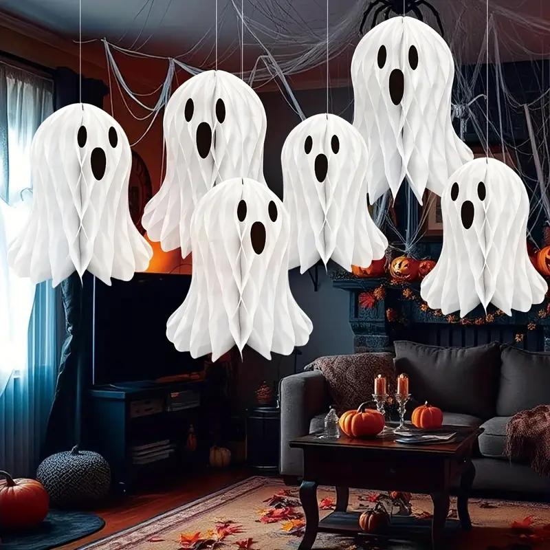 2 Stück Halloween Hängende Waben Weißer Geist 3D Papierlaterne Ornament für Halloween Party Haus Innen Außen Hof Dekoration