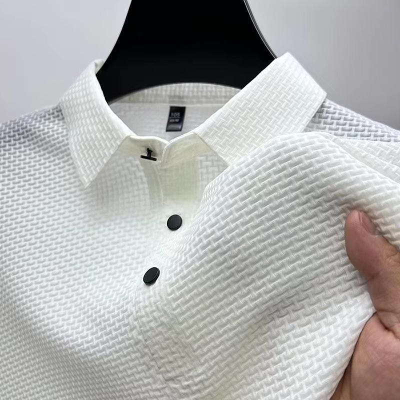 Men's Luxury Solid Color Jacquard Polo Shirt - Short-Sleeved, Light Business Casual, European Ice Silk.